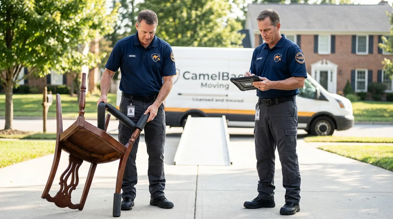 Movers inspecting furniture for damage prevention before loading in Miamitown, OH