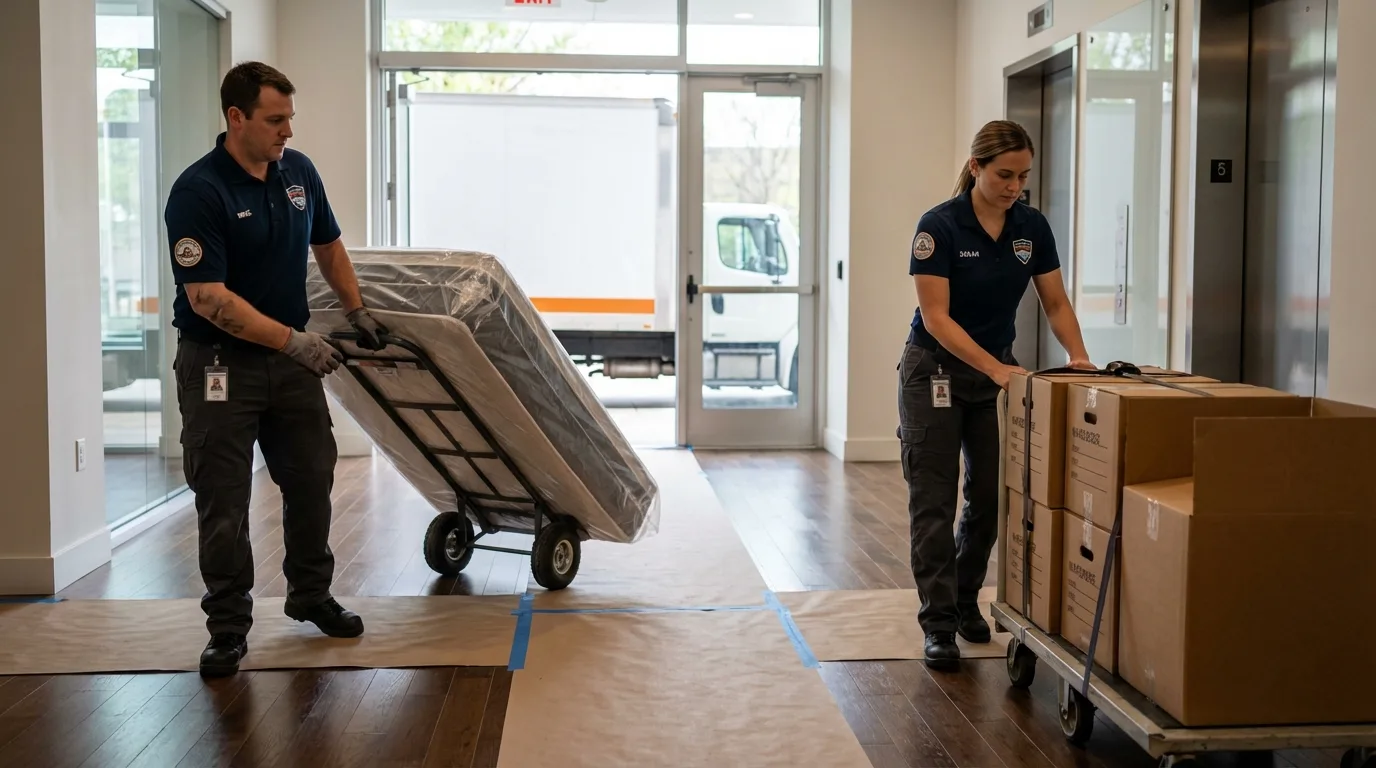 Professional apartment movers loading elevator in Miamitown, OH