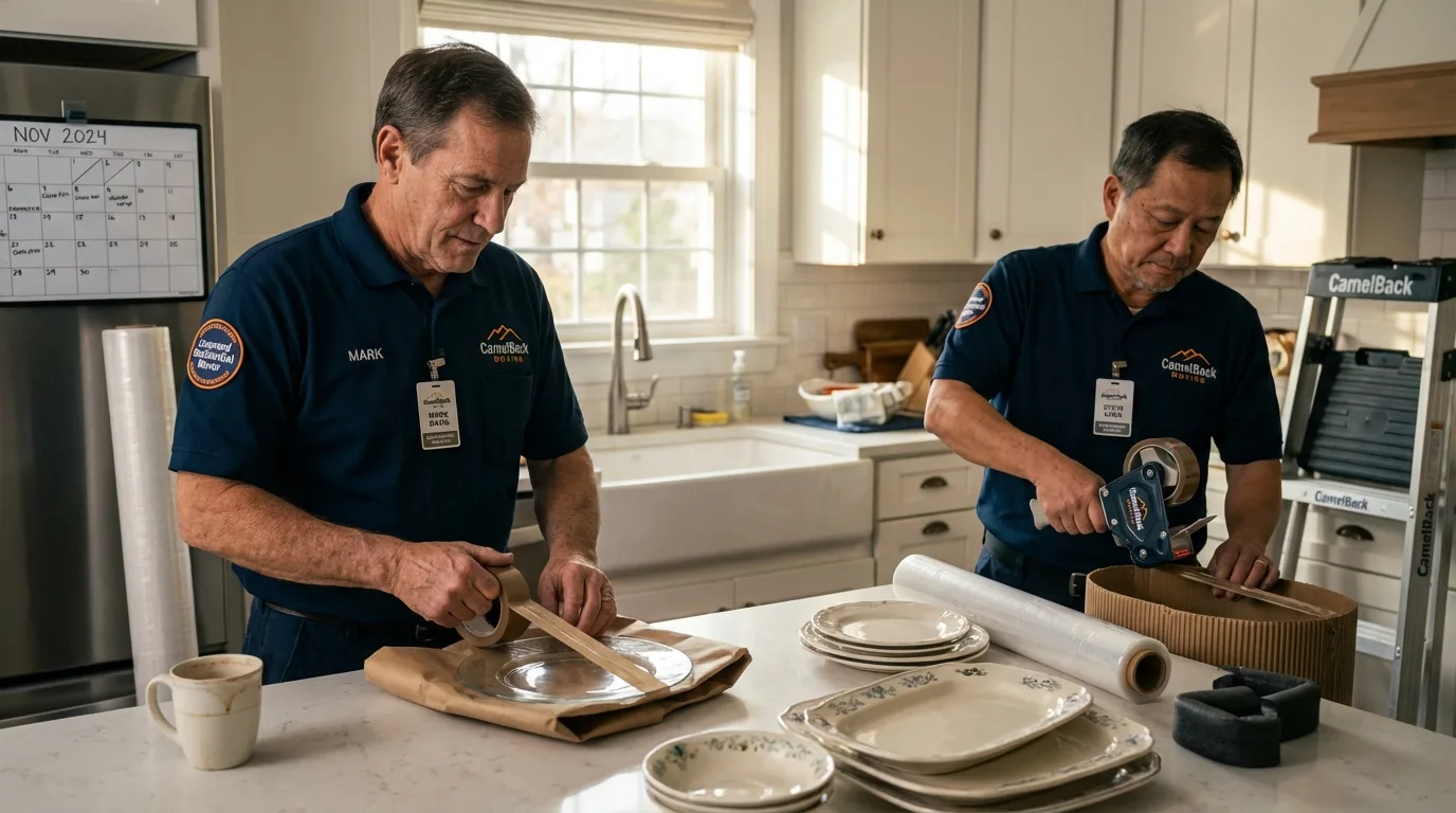 Professional crew packing kitchen dishware in Miamitown, OH